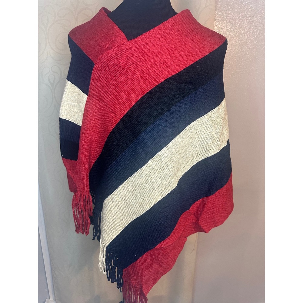 HAYDEN LOS ANGELES Striped Poncho‎ Wrap Red Navy Cream Fringe One Size